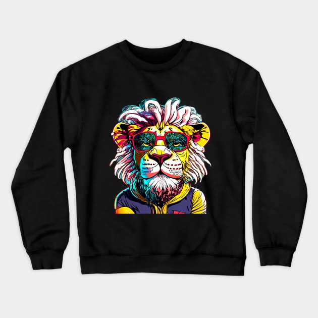 Majestic Mane and Street Chic: Lion's Urban Portrait Crewneck Sweatshirt by SkloIlustrator